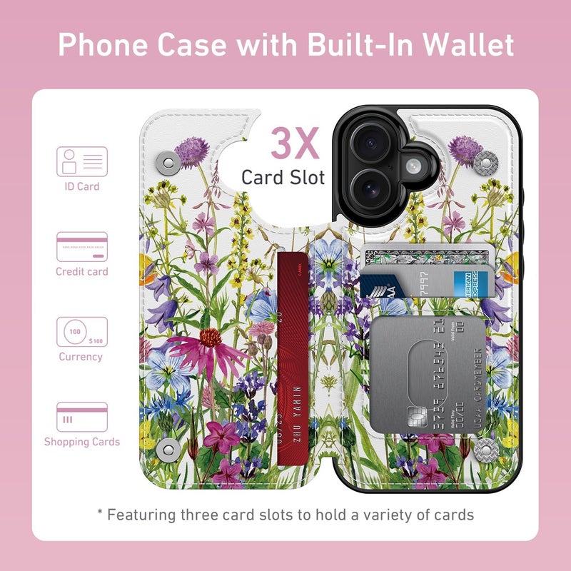 Goodon for iPhone 17 Case Wallet - Flip Folio Leather Cover with Trendy Floral Design, 3 Card Slots & Kickstand Function, Stylish Protective Phone Case for Women and Girls - Blooming Wildflowers - Image 2